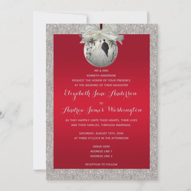 Classy Ruby Red & Sparkly Bauble Christmas Wedding Invitation (Front)
