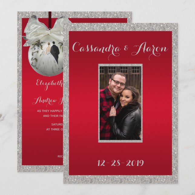 Classy Ruby Red & Sparkly Bauble Christmas Wedding Invitation (Front/Back)