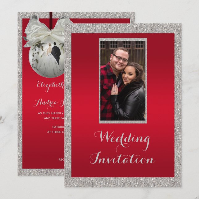 Classy Ruby Red & Sparkly Bauble Christmas Wedding Invitation (Front/Back)