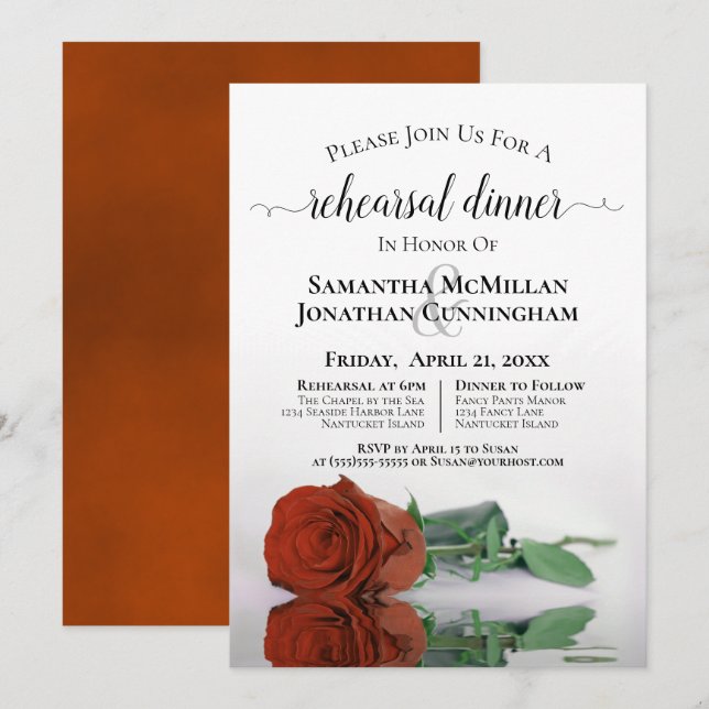 Classy Rust Orange Rose Wedding Rehearsal Dinner Invitation (Front/Back)