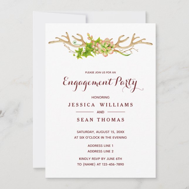 Classy Rustic Antlers & Wildflowers Engagement Invitation (Front)