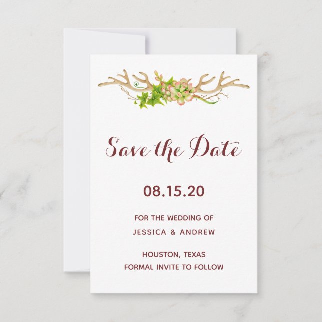 Classy Rustic Antlers & Wildflowers Save The Date (Front)