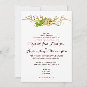 Classy Rustic Antlers & Wildflowers Wedding Invitation