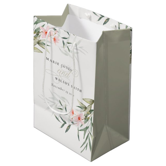 Classy Rustic Blush Greenery Floral Bunch Wedding Medium Gift Bag (Front Angled)
