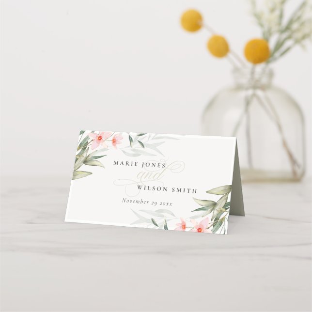 Classy Rustic Blush Greenery Floral Bunch Wedding Place Card (Front)