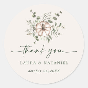 Classy Rustic Pumpkin and Green Leaves Thank You Classic Round Sticker