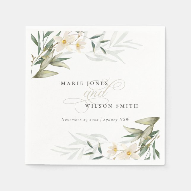 Classy Rustic White Greenery Floral Bunch Wedding Napkin (Front)