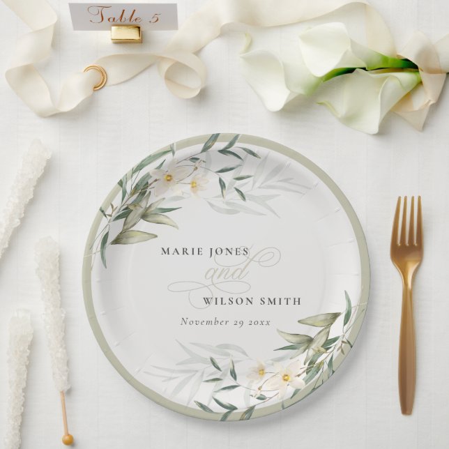 Classy Rustic White Greenery Floral Bunch Wedding Paper Plate (Wedding)
