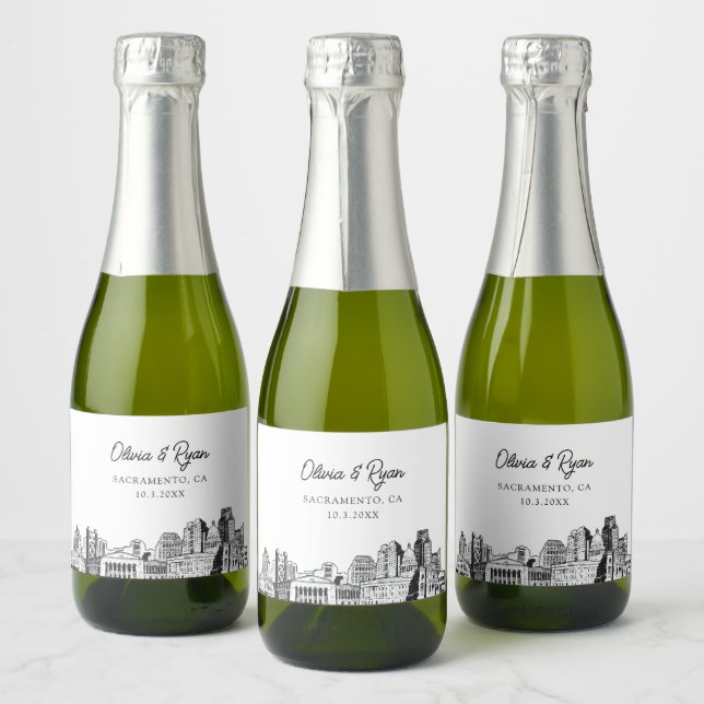Classy Sacramento Wedding Favour Custom Mini Sparkling Wine Label (Bottles)