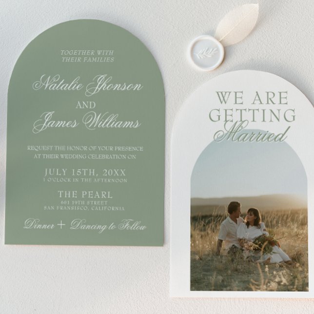 Classy Sage Green Luxury Boho Arched Wedding Invitation (Creator Uploaded)