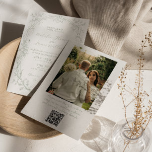 Classy Sage Green Old Money Photo QR Code Wedding Invitation