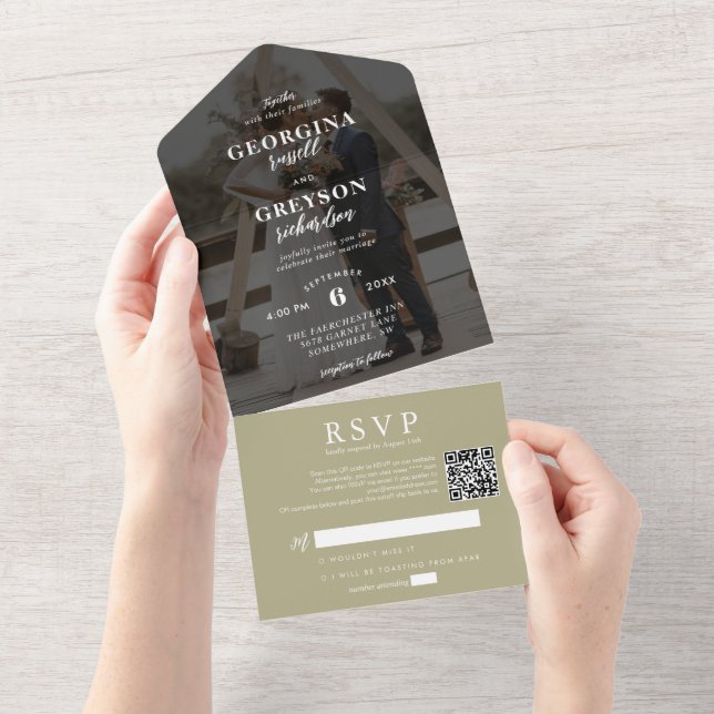 Classy Sage Green RSVP Photo QR Code Wedding All In One Invitation (Tearaway)