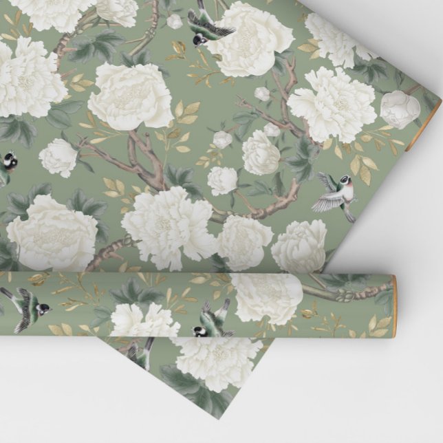 Classy Sage Green White Chinoiserie Flowers Birds Wrapping Paper (Creator Uploaded)