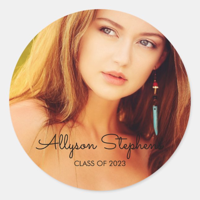 Classy Script Black Text - Photo Graduation Classic Round Sticker (Front)