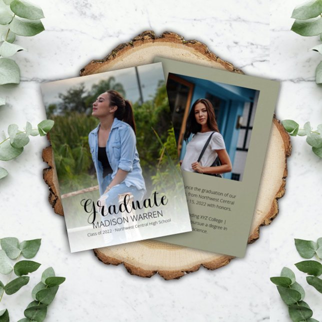Classy Script Graduate Two Photo Sage Graduation Announcement (Creator Uploaded)