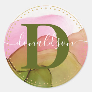 Classy Script Name & Intial   Pink & Green  Classic Round Sticker