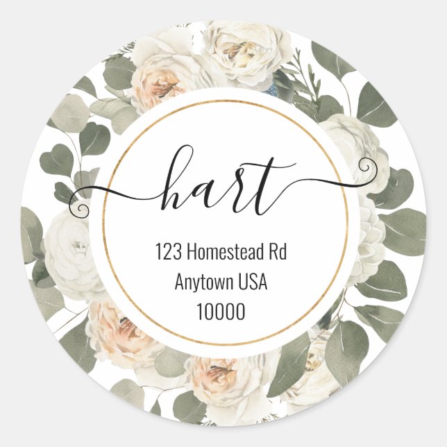 Classy Script Name Romantic Wedding Address  Classic Round Sticker (Front)
