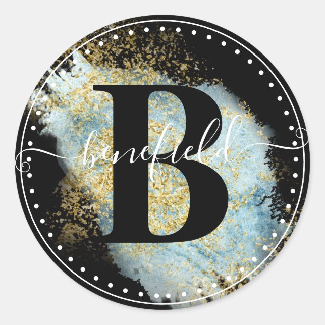 Classy Script Name with Intial Black Gold & Blue Classic Round Sticker (Front)