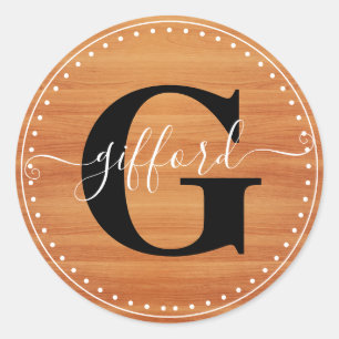 Classy Script Name with Intial   Wood Look Classic Round Sticker