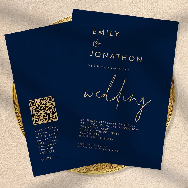 Classy Script QR Code Navy Gold Wedding Invitation (Creator Uploaded)