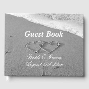 Classy sea coast drawn hearts photo beach wedding guest book