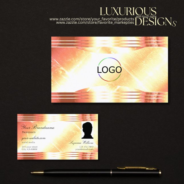 Classy Shimmery Rose Gold Logo and Photo Luxurious Business Card (Creator Uploaded)