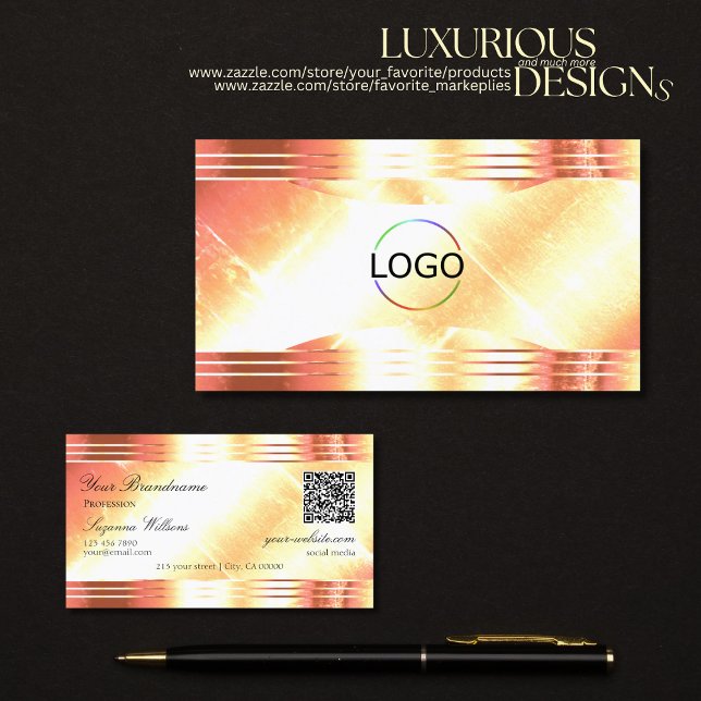 Classy Shimmery Rose Gold Logo QR Code Luxurious Business Card (Creator Uploaded)