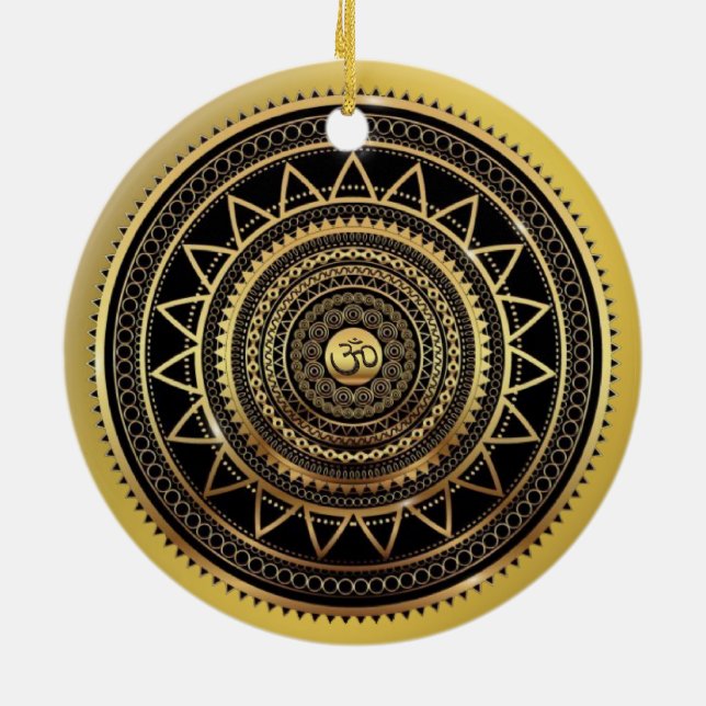 Classy Shiny Black & Gold OM Symbol Mandala Ceramic Tree Decoration (Back)