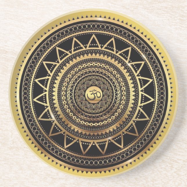 Classy Shiny Black & Gold OM Symbol Mandala Coaster (Front)