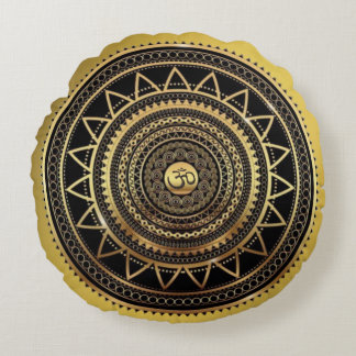 Classy Shiny Black & Gold OM Symbol Mandala Round Cushion