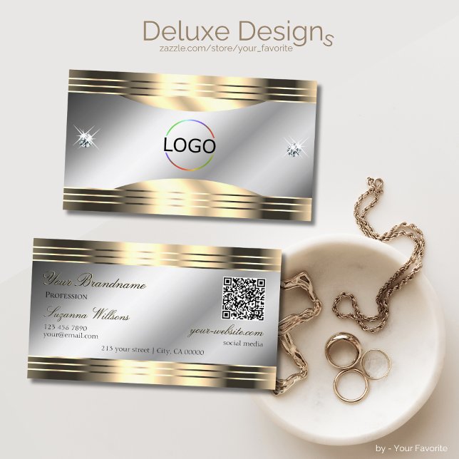 Classy Silver and Gold Shiny Diamonds Logo QR Code Business Card (Creator Uploaded)