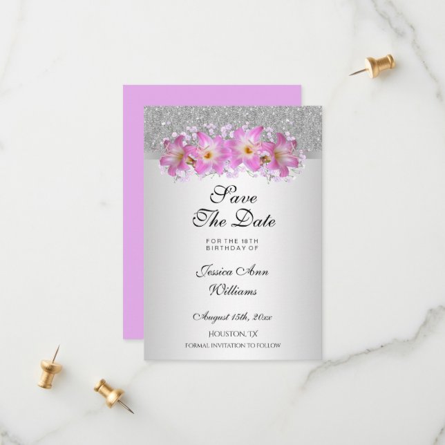 Classy Silver & Belladonna Lilies 18th Birthday Save The Date (Front/Back In Situ)