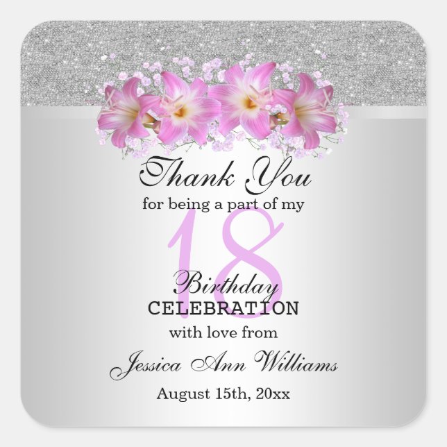 Classy Silver & Belladonna Lilies 18th Birthday Square Sticker (Front)