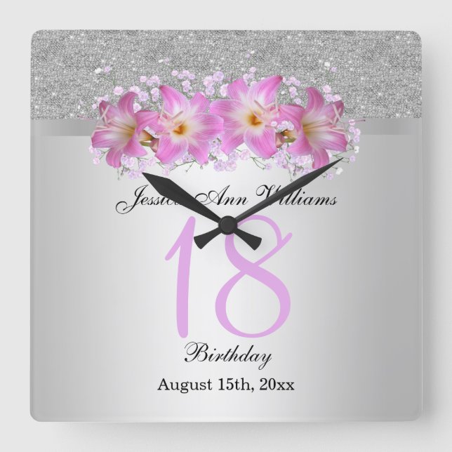 Classy Silver & Belladonna Lilies 18th Birthday   Square Wall Clock (Front)