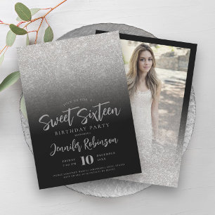 Classy Silver Black Glitter Photo Sweet 16 Invitation