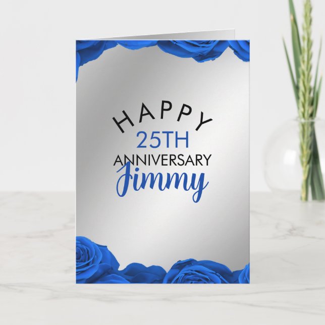 Classy Silver Blue Roses Husband 25th Anniversary Card (Front)