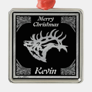 CLASSY SILVER BULL ELK SILHOUETTE METAL TREE DECORATION