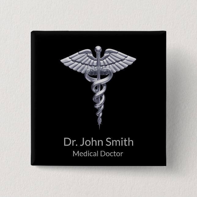 Classy Silver Caduceus Medical on Black 15 Cm Square Badge (Front)