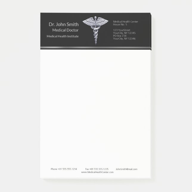 Classy Silver Caduceus Medical on Black Post-it Notes (Front)