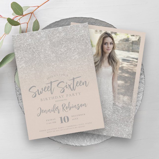 Classy Silver Champagne Glitter Photo Sweet 16   Invitation (Classy Silver Champagne Glitter Photo Sweet 16 Invitation)