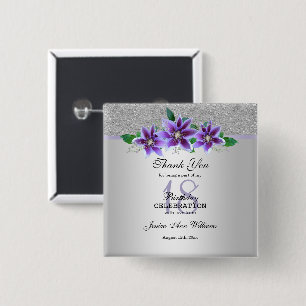 Classy Silver & Clematis Flowers 18th Birthday  15 Cm Square Badge