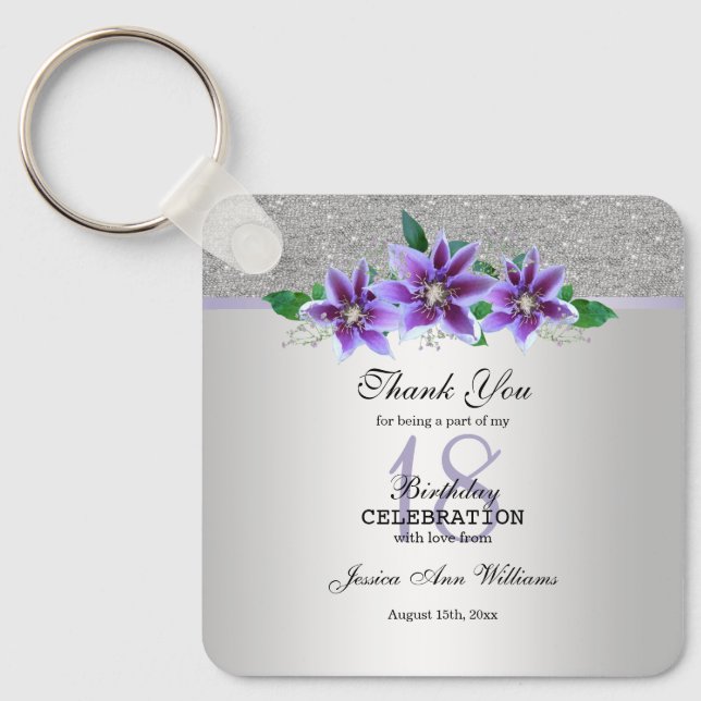 Classy Silver & Clematis Flowers 18th Birthday    Key Ring (Front)