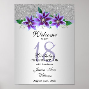 Classy Silver & Clematis Flowers 18th Birthday    Poster