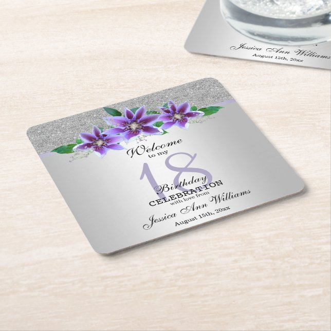 Classy Silver & Clematis Flowers 18th Birthday    Square Paper Coaster (Angled)