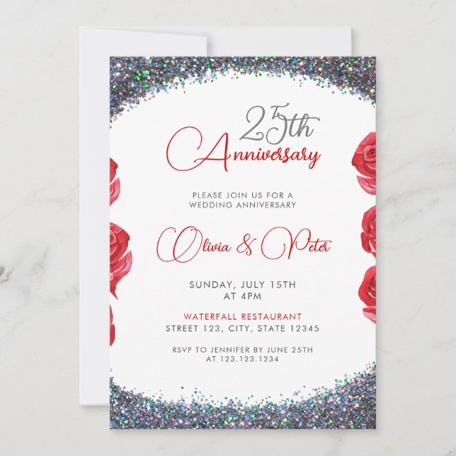 Classy Silver Glitter 25th Wedding Anniversary Invitation (Front)