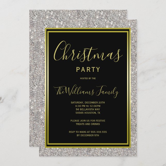 Classy Silver Glitter, Gold Framed Christmas Party Invitation (Front/Back)
