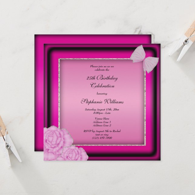 Classy Silver Glitter, Pink Floral & Bow Birthday  Invitation (Front/Back In Situ)