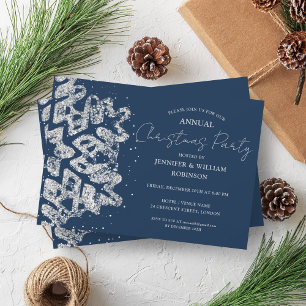 Classy Silver Glitter Xmas Snowflake Holiday Navy Invitation
