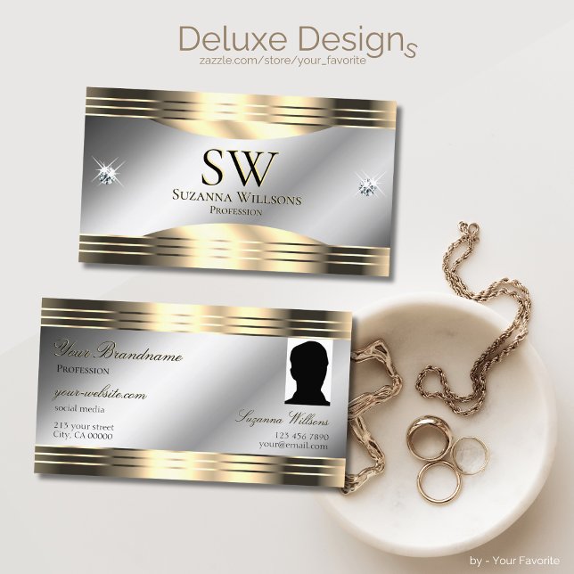 Classy Silver Gold Shiny Diamonds Monogram Photo Business Card (Creator Uploaded)