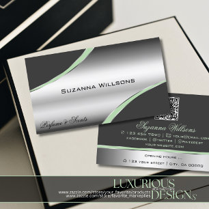 Classy Silver Grey Curved Decor Lines and QR Code Business Card